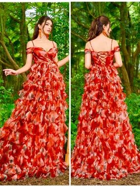 Faeriesty ruffled off the shoulder poppy print floor-length gown corset top, XS